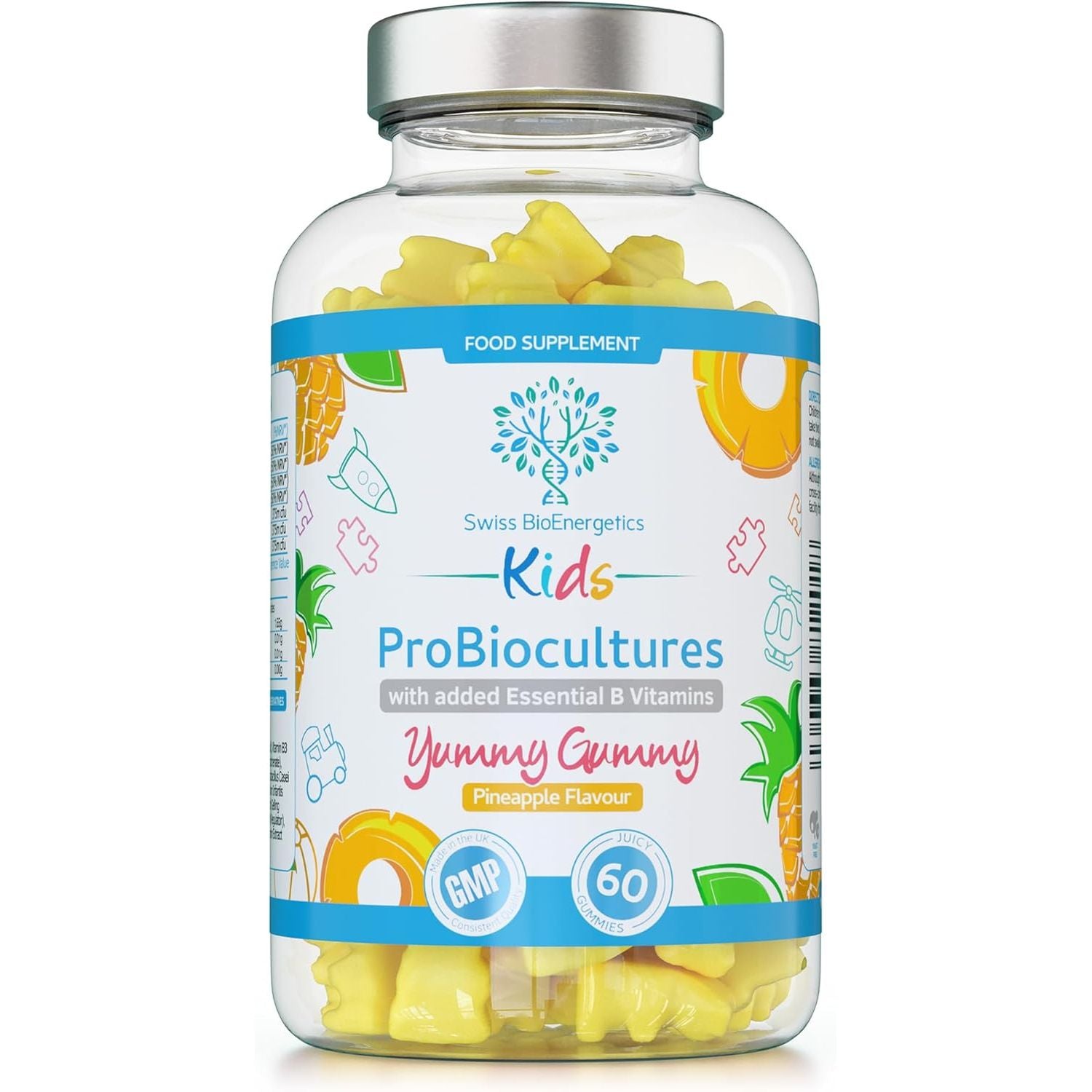Kids Probiotics/Probiocultures Gummies - 60 Children'S Probiotics Multi-Strain Gummies - Natural Pineapple Flavour – with Added B & C Vitamins for Immune Support - 2 Month Supply – UK Made