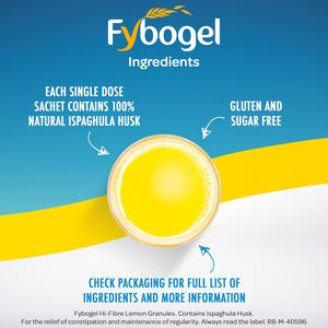 Fybogel Hi-Fibre Lemon Sachets - 10 Pack | Ispaghula Husk for Constipation, Regularity, Fast Digestion, and Nausea Relief | Natural Supplement for Effective Results