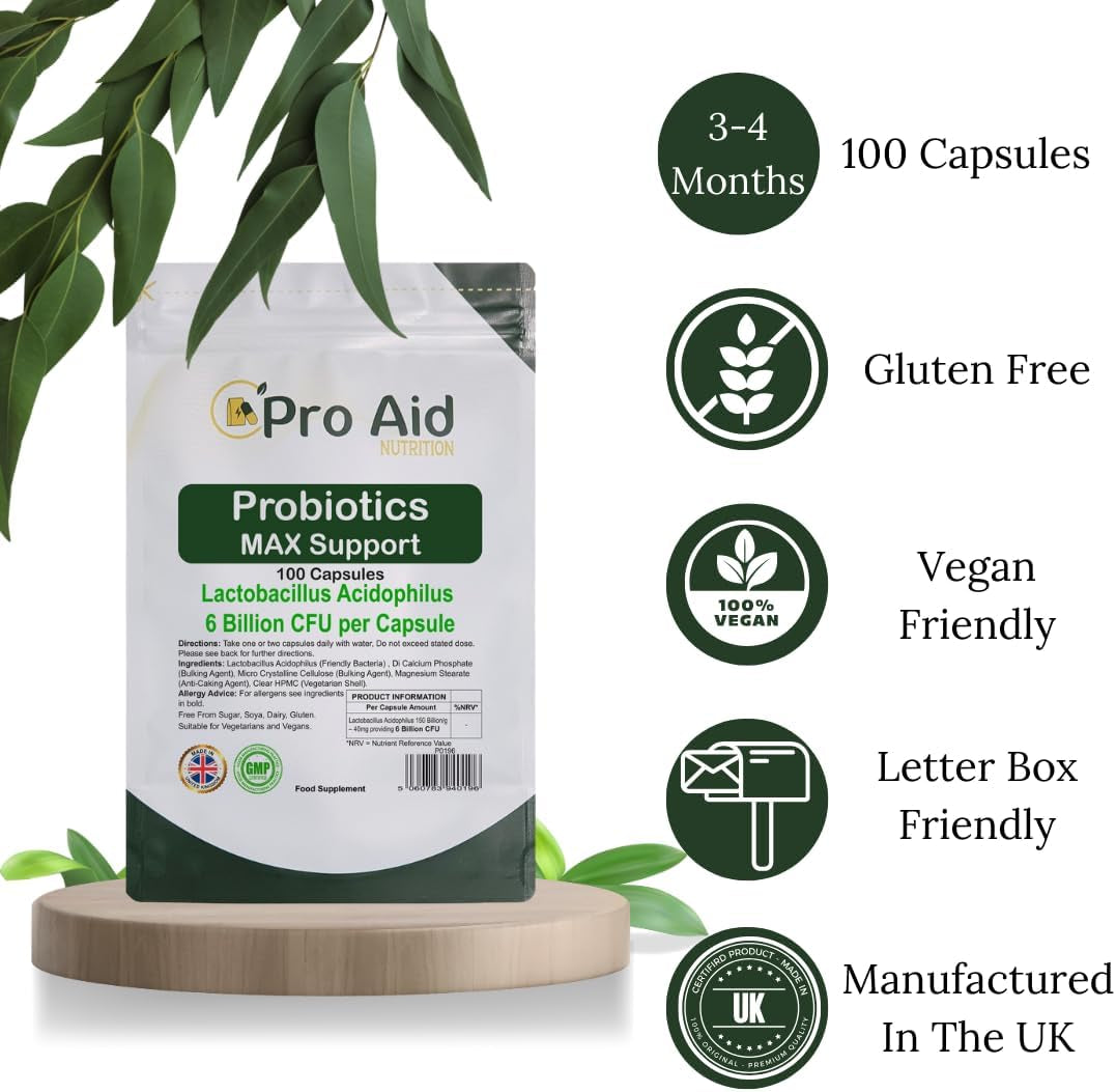 Probiotics Capsules Max Support 6 Billion CFU 100 Pack by Proaid | Healthy Gut | Digestion Support | Bio Cultures | Premium Vegetarian Capsules