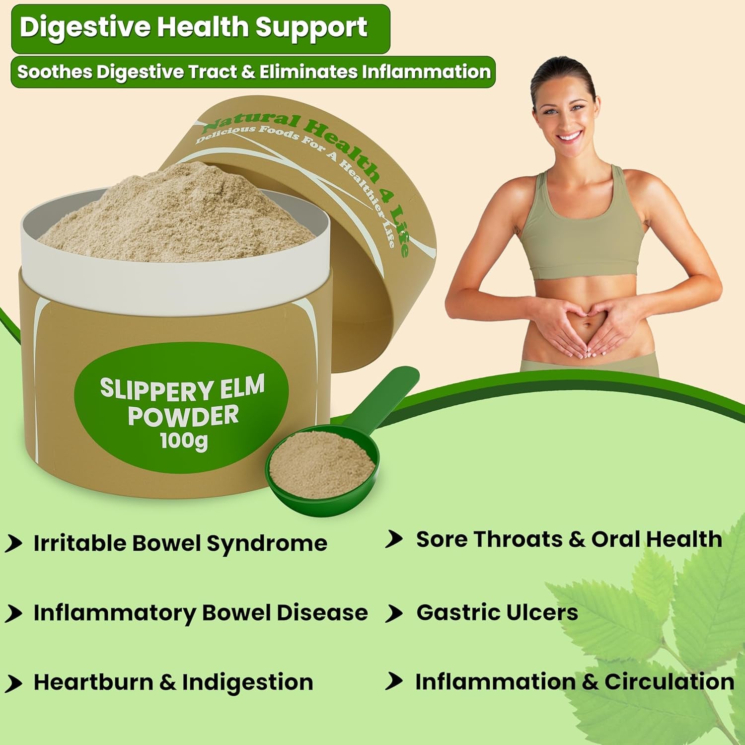 Natural Health 4 Life 100% Pure Inner Bark Slippery Elm Powder – Supports Gut Health, Gluten Free, Vegan – Natural Flavour – Suitable for All Ages – 100G Slippery Elm Powder Tub with Scoop