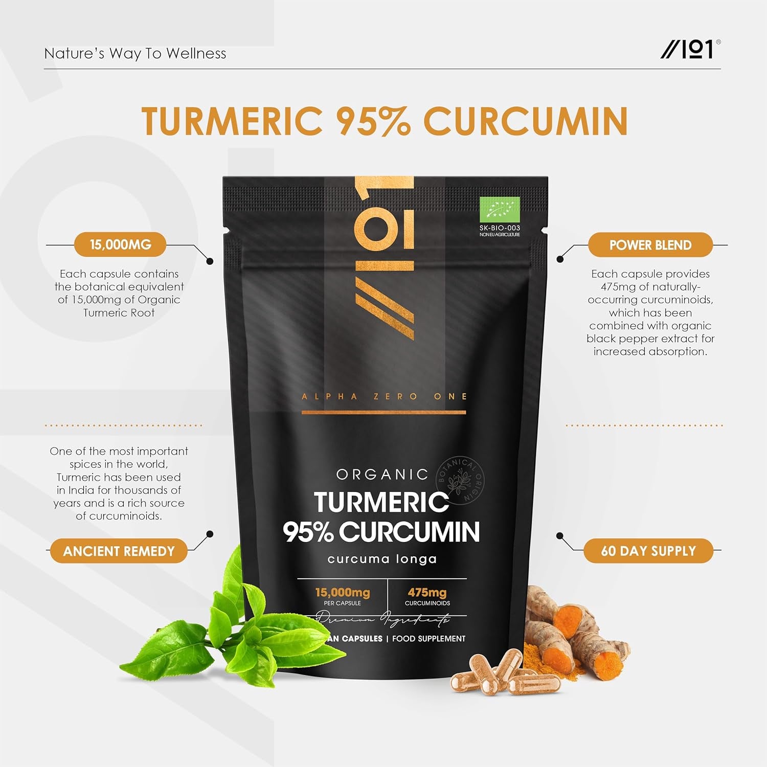 Organic Curcumin 95% with Black Pepper – 475Mg Curcuminoids – 60 Vegan Capsules – High Strength Turmeric Supplement – 2 Months Supply by Alpha01