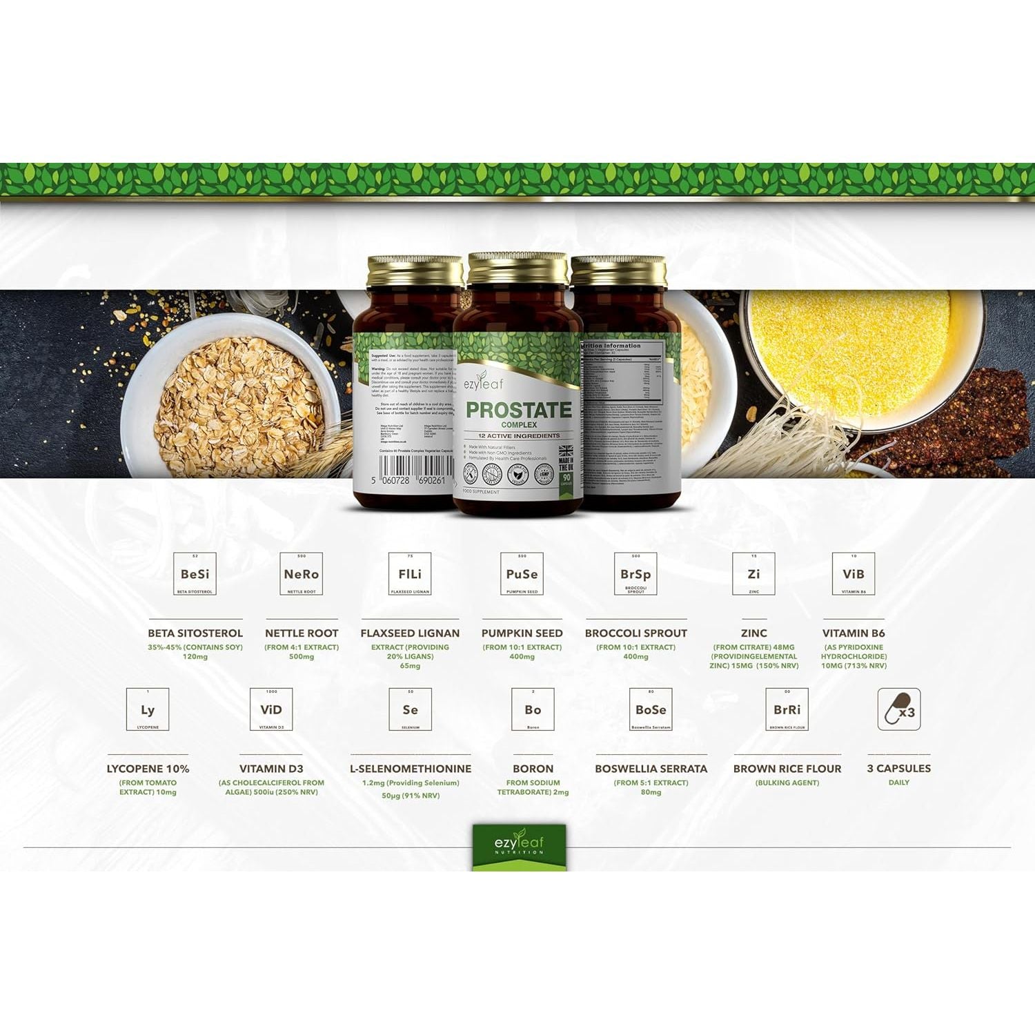 Ezyleaf Prostate Complex | High Strength Supplements for Men UK | 90 Stinging Nettle Capsules with Beta Sitosterol, Zinc, Pumpkin Seed, Boron, Boswellia Serrata & More