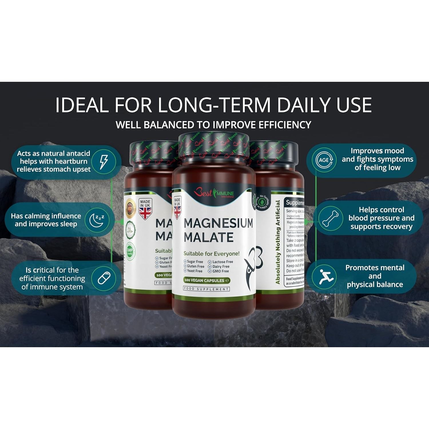 Best Immune, Magnesium Malate 500Mg – High Strength Supplement for Absorption and Energy Support – 100 Vegan Capsules