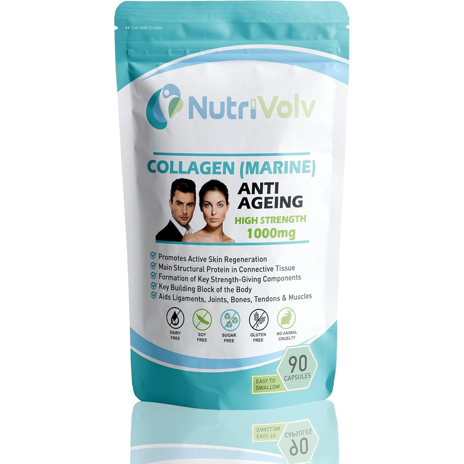Nutrivolv Collagen Marine 1000Mg Supplement | Anti-Ageing Support for Skin, Joints, Bones, Muscles & Tissue Health | 90 Capsules | Boosts Skin Elasticity & Joint Mobility