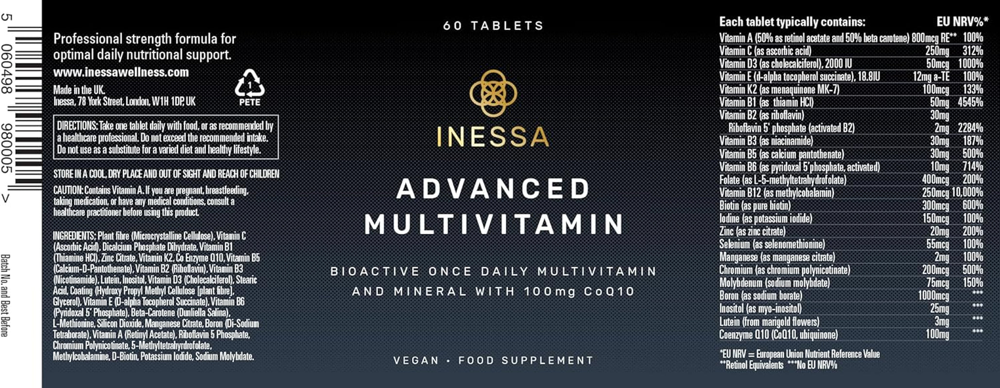 Inessa Multivitamin with Coq10 100Mg, Vitamin D3 2000 IU, K2 100Mcg, B Complex, Vitamins a 800Mcg, Folic Acid as 5-MTHF 400Mcg, Zinc 20Mg and Lutein