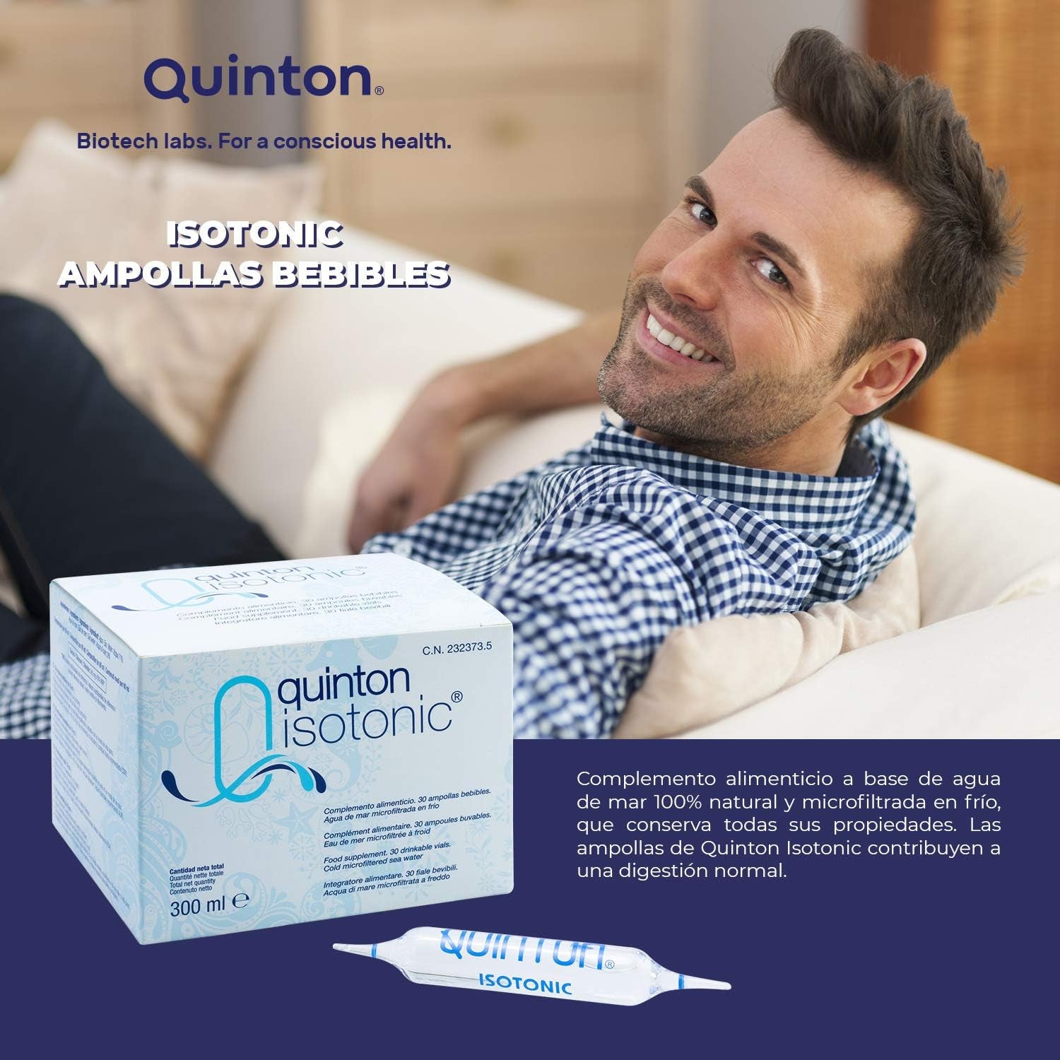 Quinton Isotonic - 100% Natural Isotonic Seawater, with Magnesium and Micronutrients, 30 Drinkable Ampoules of 10 Ml