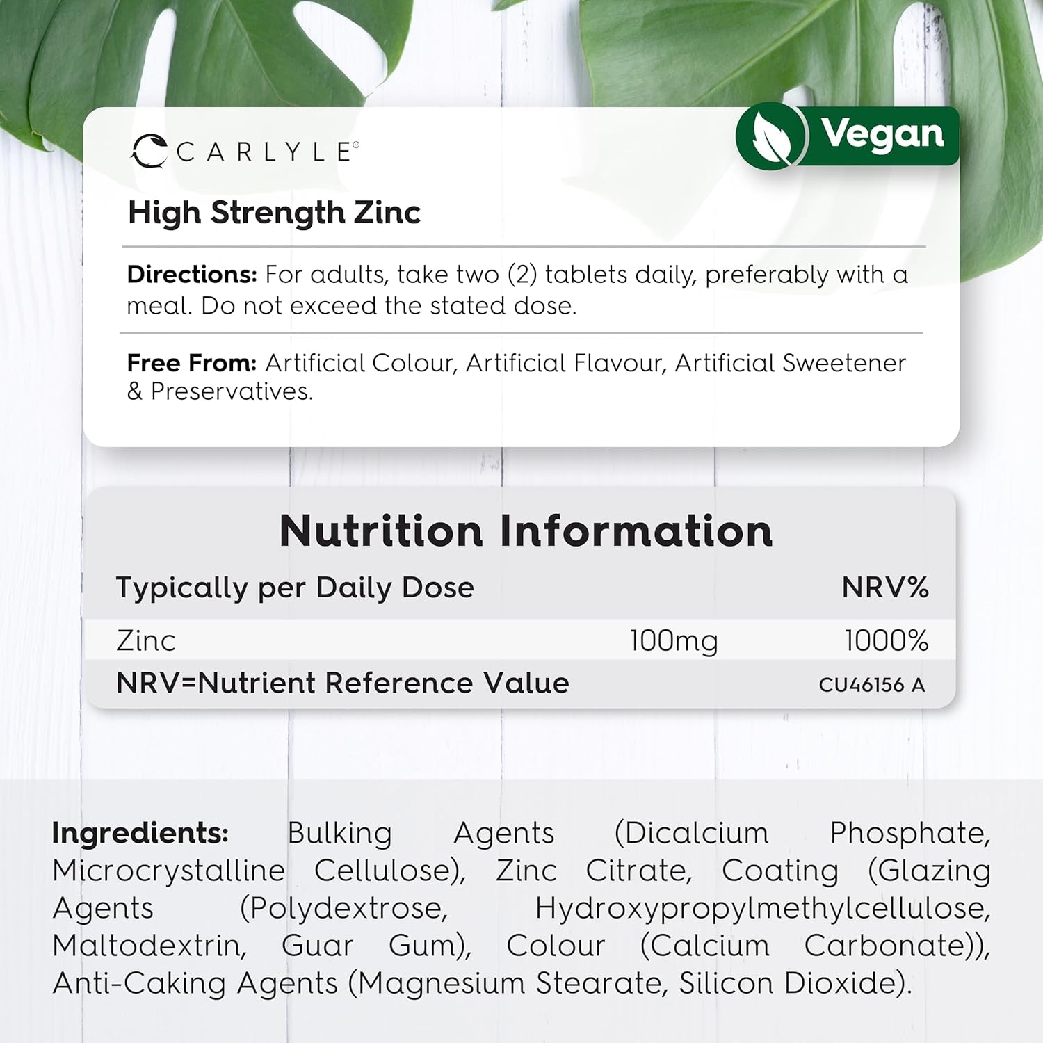 Zinc Tablets 100Mg | Immunity Support Supplement | High Strength Zinc Citrate | 180 Vegan Tablets | Carlyle
