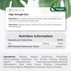Zinc Tablets 100Mg | Immunity Support Supplement | High Strength Zinc Citrate | 180 Vegan Tablets | Carlyle