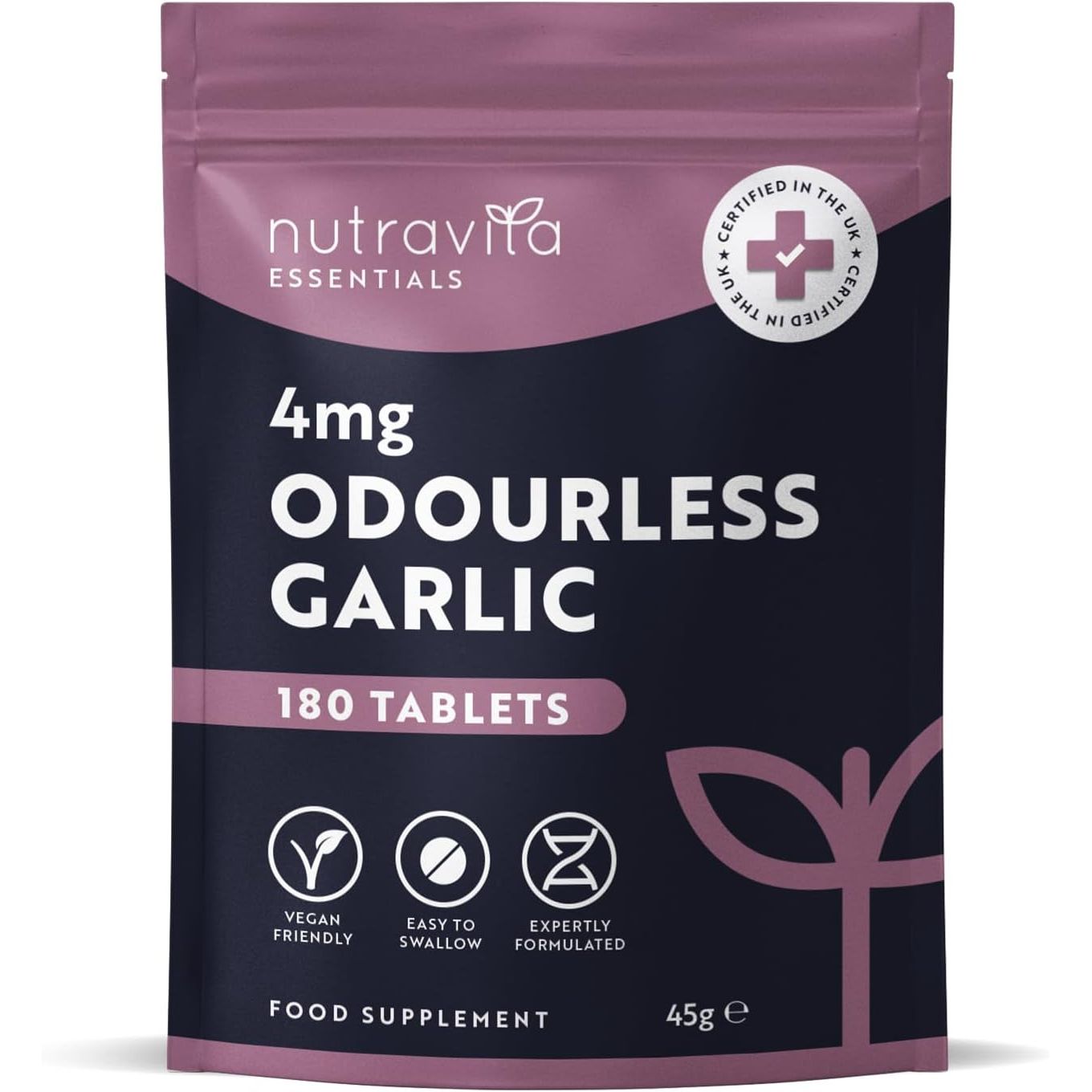 Odourless Garlic Tablets - High Strength Garlic Supplement - 180 Vegan Tablets (Alternative to Capsules) – 6 Month Supply - Easy to Swallow - Letterbox Friendly - Made in the UK by Nutravita