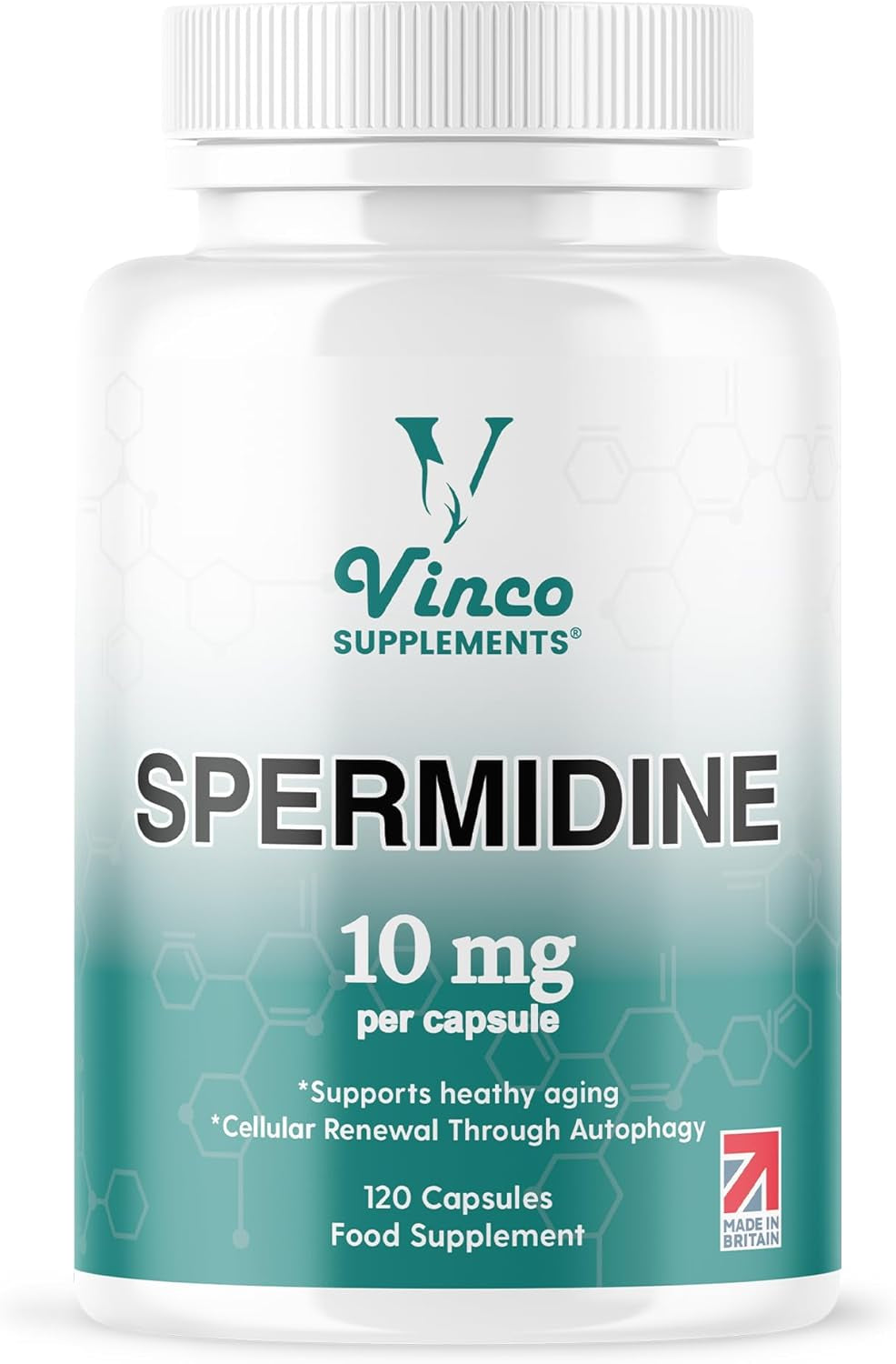 Vinco Spermidine Supplement - 10Mg X 120 High Strength Spermidine Capsules - 99% Purity - Supports Healthy Ageing & Longevity - Non GMO & Gluten Free - Made in the UK