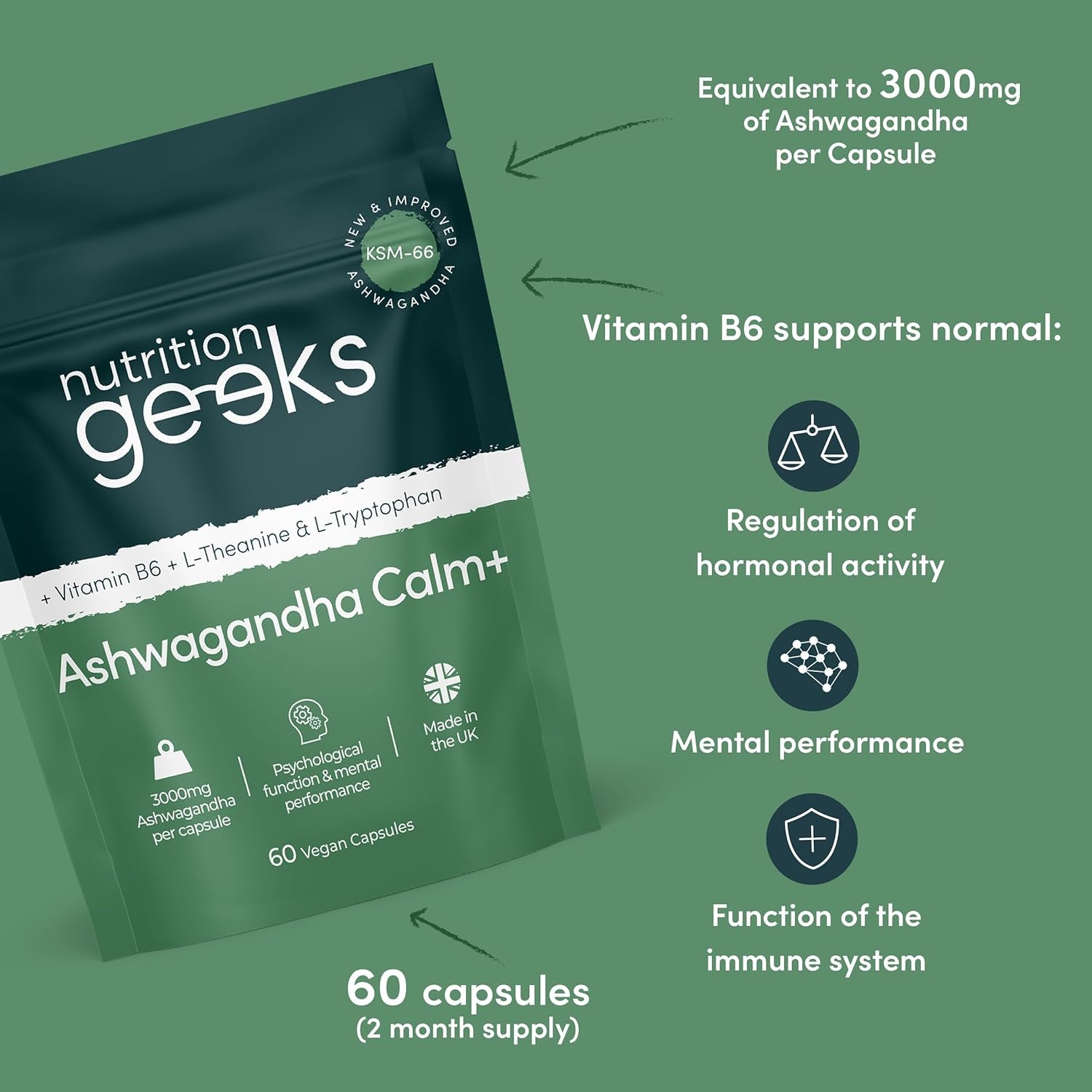 Ashwagandha KSM 66 Complex – 3000Mg Enhanced with Amino Acids & Vitamin B6 (2 Month Supply) – Ashwagandha High Strength Capsules with 250Mg Extract (Not Gummies or Powder) - Vegan, UK Made