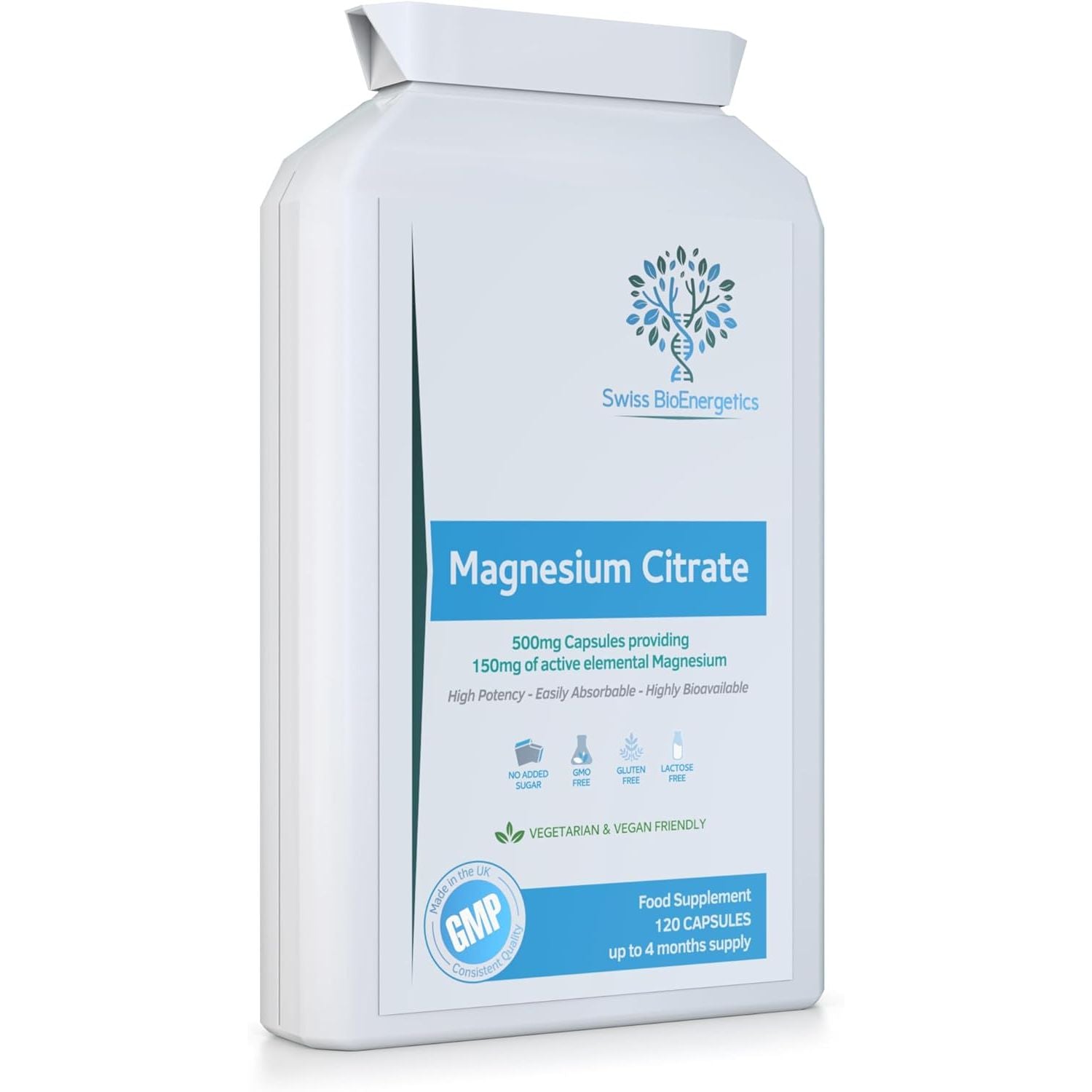 Magnesium Citrate 500Mg 120 Capsules - Providing 150Mg of Active Elemental Magnesium - High Potency - Easily Absorbable - Highly Bioavailable - UK Manufactured