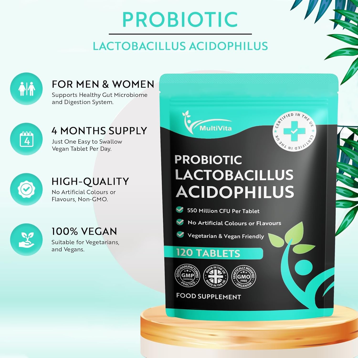 Acidophilus Lactobacillus Probiotic - 120 X 550 Million CFU Tablets - Supports Healthy Gut Microbiome & Digestion System - Reduce Bloating - Probiotic Supplements for Men & Women - Vegan and GMO Free