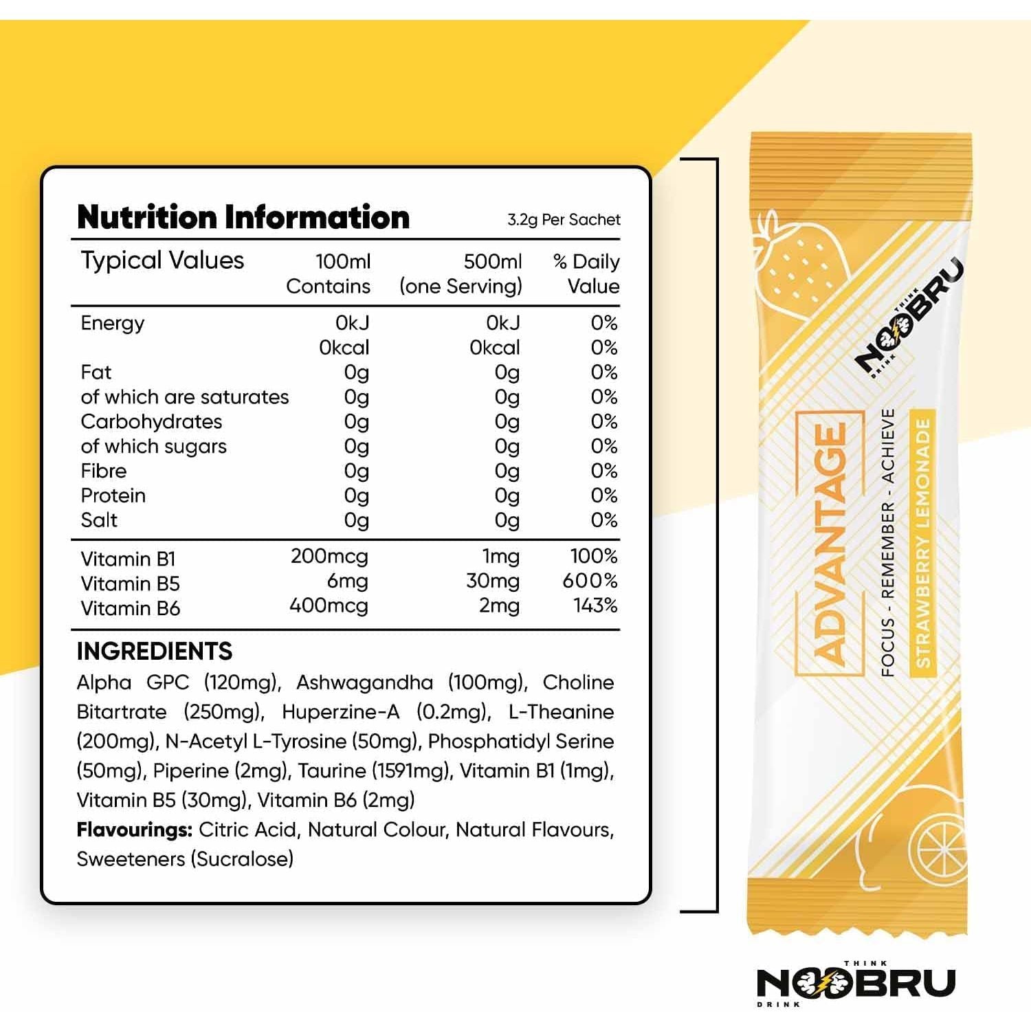Noobru Аdvantage Nootropic - Delicious Nootropics Brain Supplement with 11 Active Ingredients - Natural Cognitive Enhancer - 20 Strawberry Lemonade Sachets - 1 Month Supply, 20 Count (Pack of 1)