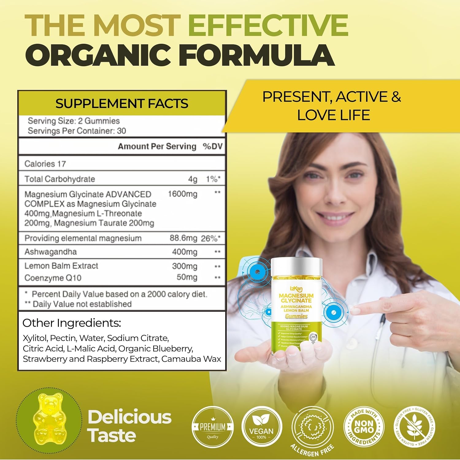 Magnesium Glycinate Gummies 800Mg - Sugar Free Magnesium Supplement with Ashwagandha, Lemon Balm Extract & Coq10 for Calm Mood & Muscle, Sleep Support - 60 Gummies (Pineapple Flavor) (1)