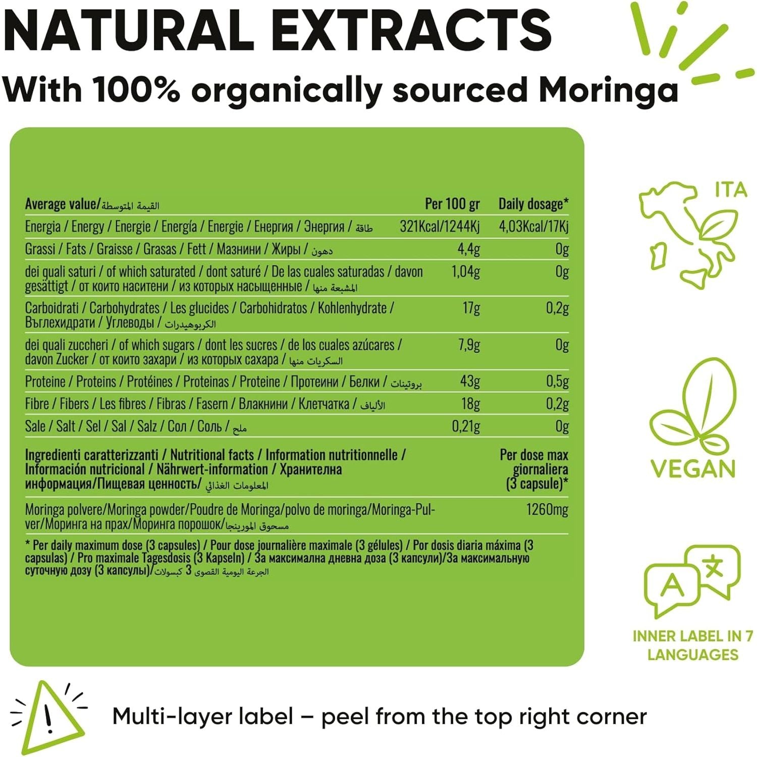 Organic Moringa Oleifera Capsules – 100% Natural Superfood | High Fibre Supplements | Supports Digestion, Metabolism & Immune System | 90 Moringa Capsules Made in Italy - Redmoringa