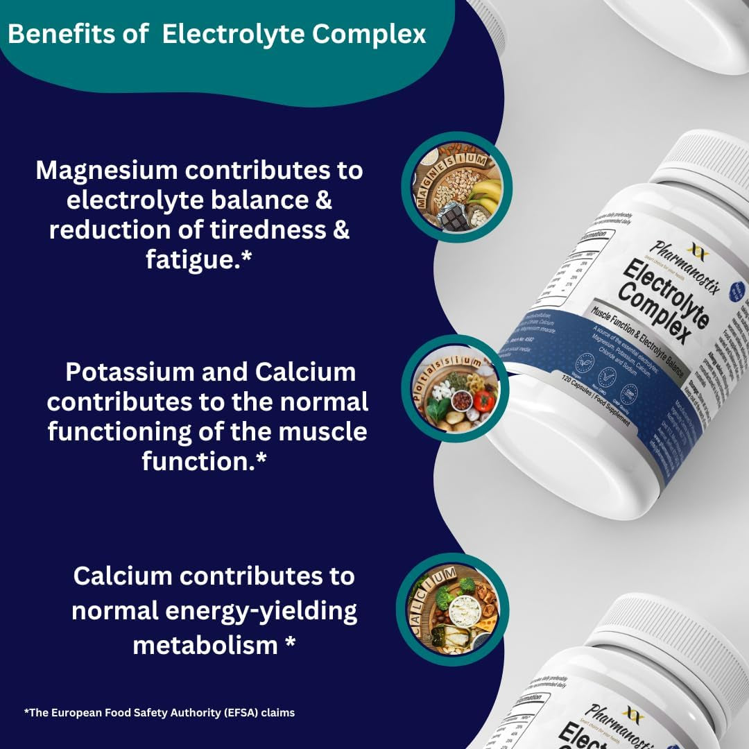 Electrolytes Complex –Magnesium, Potassium, Calcium, Sodium & Chloride – Muscle Function, Rehydration, Salt Replacement, Cramp, Hydration & Recovery – High Strength 120 Caspules