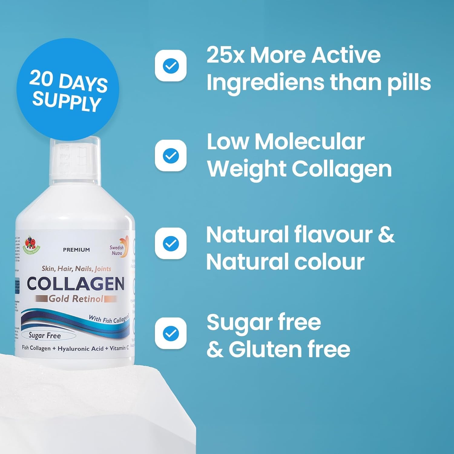 Swedish Nutra - 12,500 Mg Hydrolyzed Marine Collagen & Gold Retinol Liquid Supplement - 500 Ml Pack, 20 Day Supply | Pure Peptide & Hyaluronic Acid for Healthy Hair, Skin, Nails & Joints I Sugar-Free