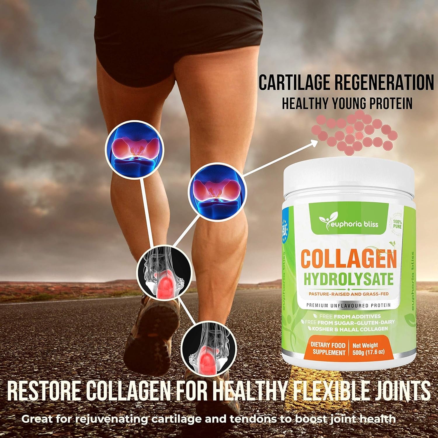 Premium Collagen Powder 500G Unflavoured High Grade Hydrolysed Collagen Joints, Bones, Gut, Wrinkles, Hair, Skin, Nails, Pain, Injury, Sleep, Fitness, Fasting Friendly, Keto, Halal & Kosher Certified