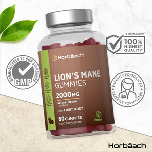 Lions Mane Gummies 2000Mg | High Strength Lions Mane Supplement | Mushroom Extract | Natural Berry Flavour | 60 Vegan Gummies | by Horbaach