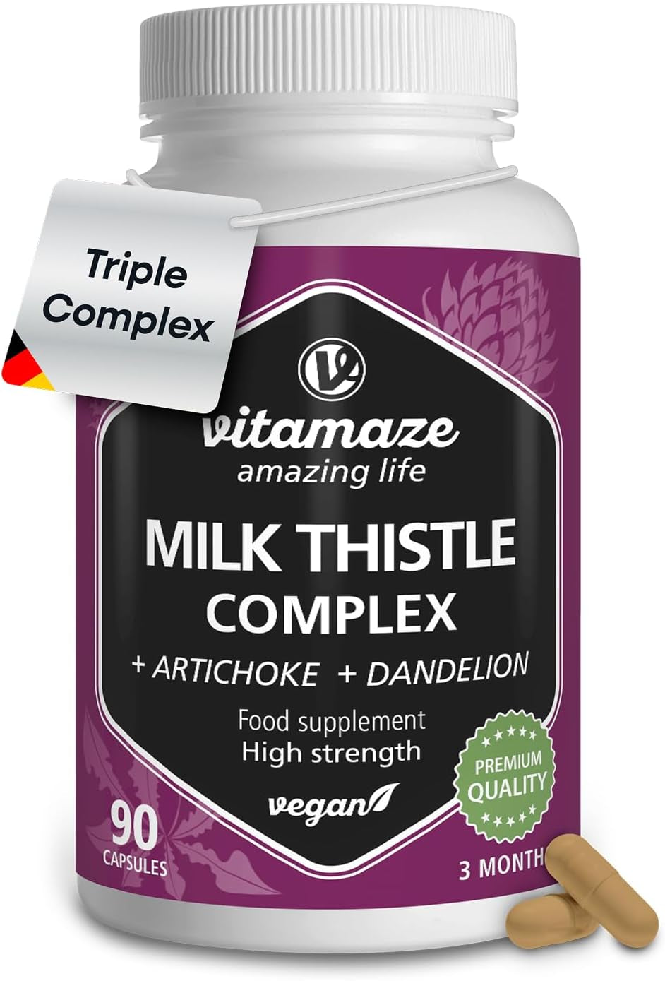 Milk Thistle High Strength 6000Mg (3 Months) with Dandelion & Artichoke, High Dose, 80% Silymarin Extract, Natural Liver Cleanse Supplement, 90 Vegan Capsules. Vitamaze®