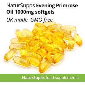 Natur Supps Evening Primrose Oil 1000Mg, Cold Pressed, Omega 6, 90Mg GLA, 733Mg LA, Vitamin E, 120 Evening Primrose Oil Softgel Capsules, UK Made