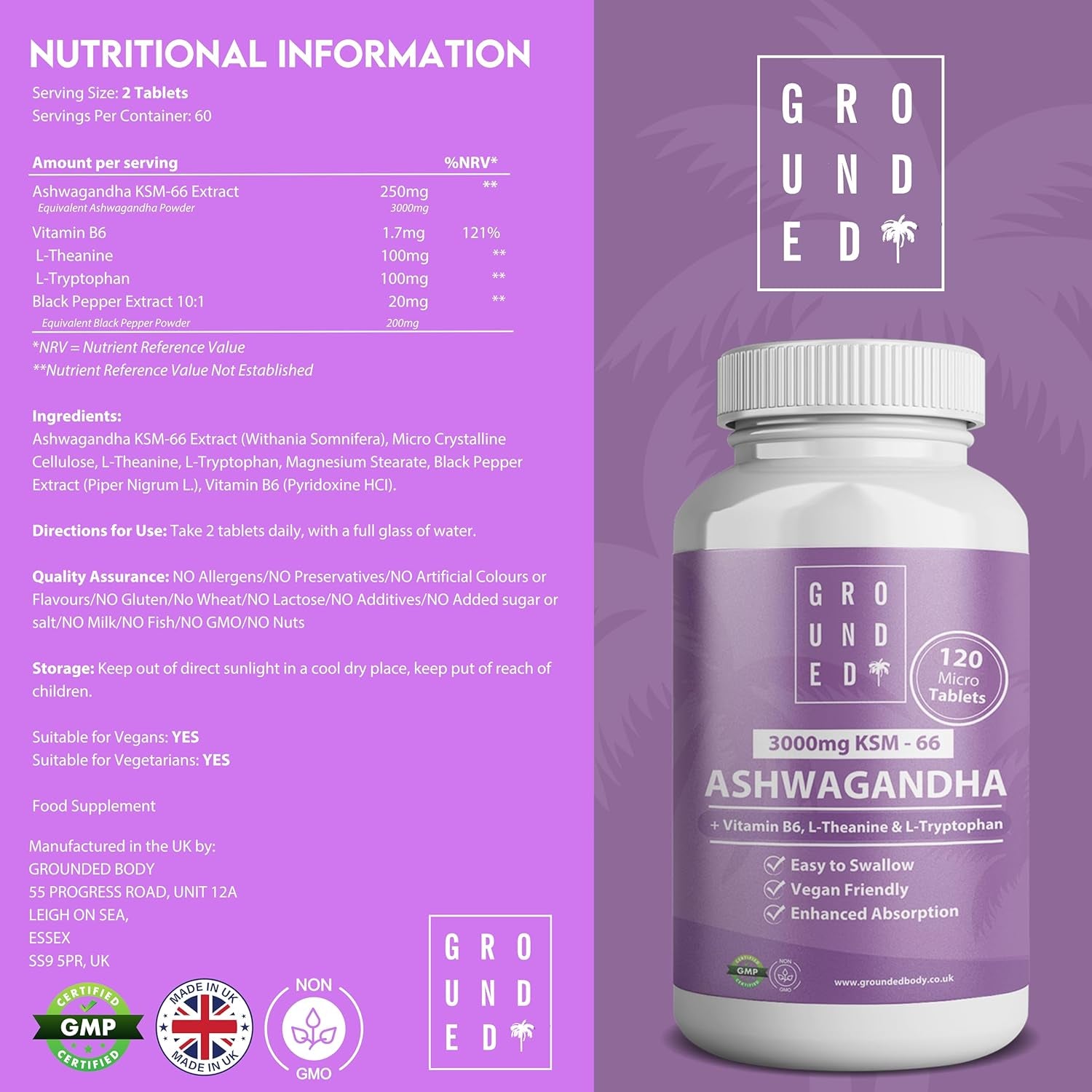 Grounded Ashwagandha KSM-66® High Strength 3,000Mg | 4-In-1 Formula | 120 Tablets / 2 Month Supply | L-Theanine, L-Tryptophan, Vitamin B6 & Black Pepper | Vegan-Friendly, UK Made