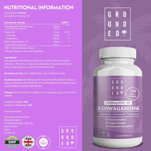 Grounded Ashwagandha KSM-66® High Strength 3,000Mg | 4-In-1 Formula | 120 Tablets / 2 Month Supply | L-Theanine, L-Tryptophan, Vitamin B6 & Black Pepper | Vegan-Friendly, UK Made