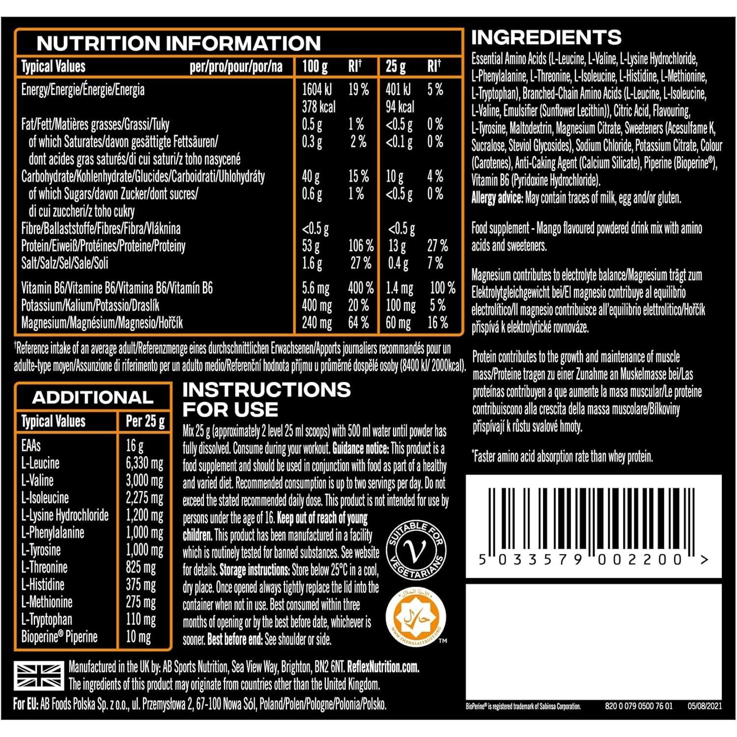 Reflex Nutrition EAA - Complete Essential Amino Acids - 16G Eaas with Bcaas, Vitamin B6, Electrolytes - Full Spectrum Amino Acids Powder for Muscle Growth & Recovery (Mango, 500G, 20 Servings)