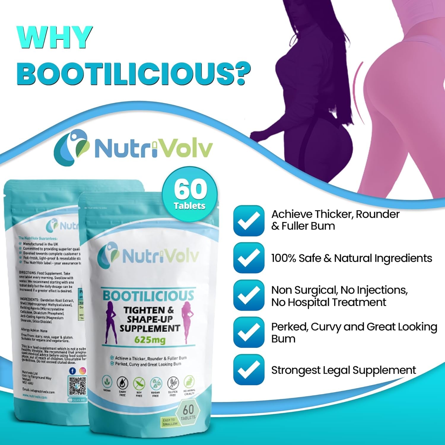 Butt Enhancer Pills — Perfect G-Shaped Buttocks with Booty Lifting Tablets – Quick Bum Lift up Effect to Gain Bigger, Attractive, and Curvy Ass — Easy to Swallow — 1000 Mg Pack of 60