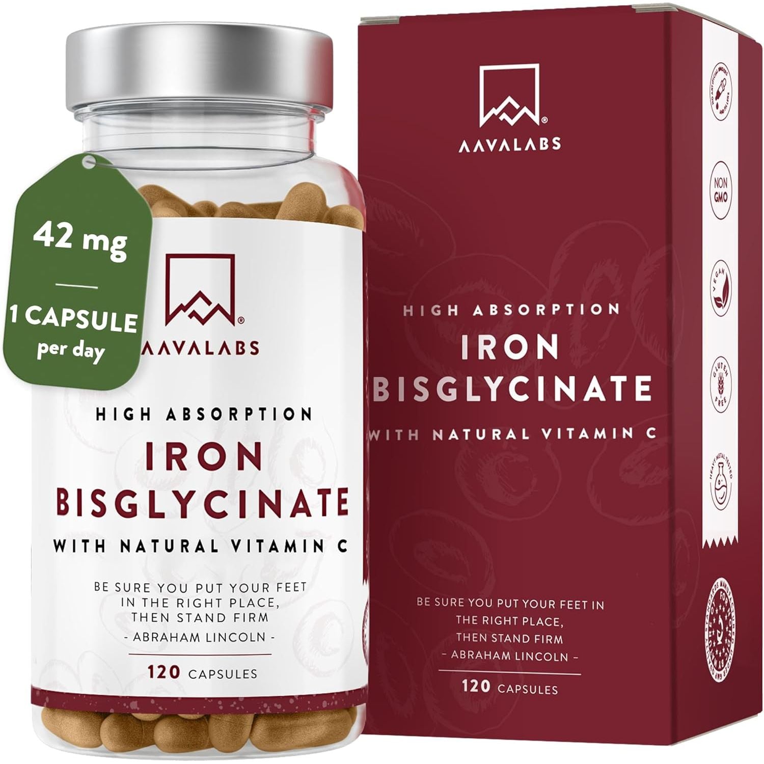 Gentle Iron Supplements for Women and Men - 42 Mg Iron Tablets High Strength with Natural Vitamin C - Active Form - Bisglycinate - Fatigue Supplements with High Bioavailability - 120 Capsules