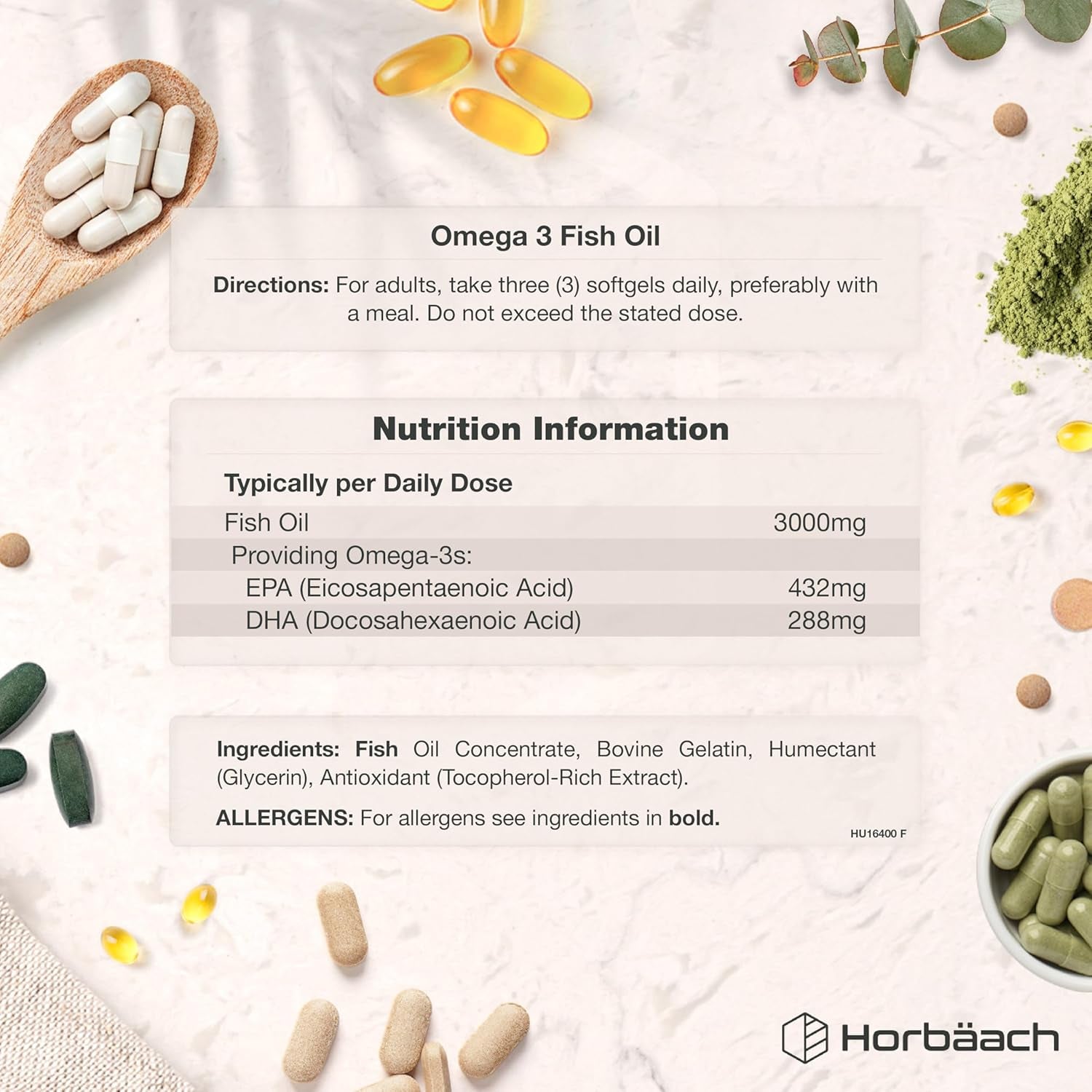 Omega 3 Capsules High Strength Fish Oil | 3000Mg | 240 Count | Wild-Caught Fatty Acid Supplement Providing 432Mg of EPA and 288Mg of DHA | by Horbaach