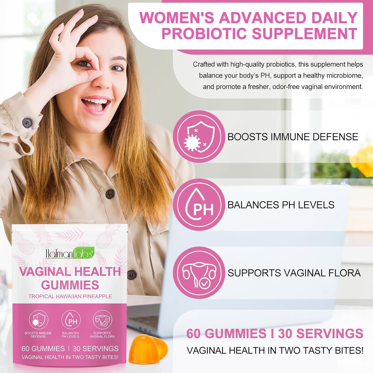 Premium Feminine Balance Gummies - Hawaiian Pineapple PH Balance Gummies for Women of All Ages, Support Women’S Health & Wellness - Immune Support - Vegan & Gluten-Free 60PCS