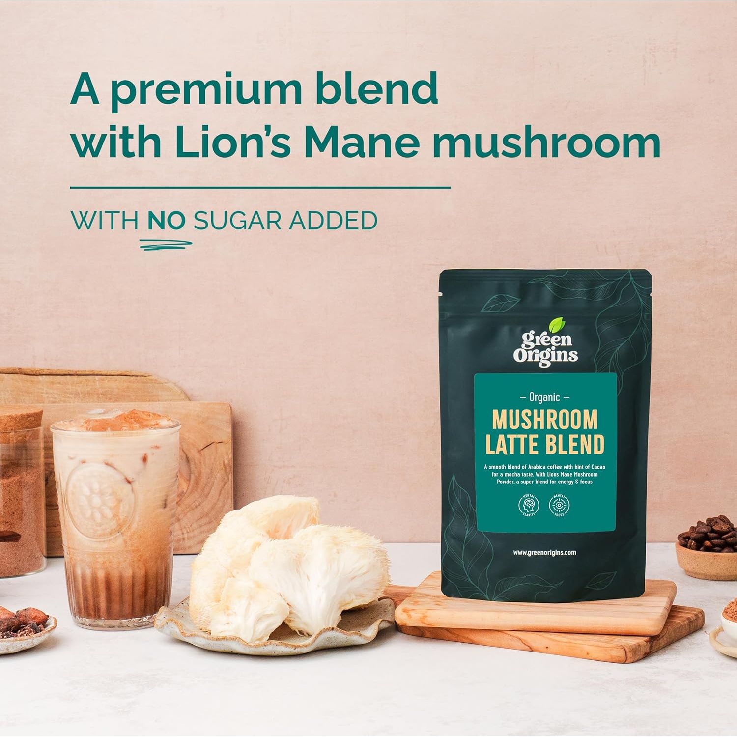 Green Origins Organic Super Mushroom Mocha Latte Blend with Lion'S Mane, Coffee & Cacao for Energy & Focus |10 Servings, 100G | Vegan, Dairy Free, Gluten Free, Kosher, No Added Sugar