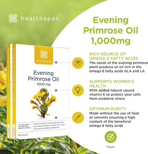 Healthspan Evening Primrose Oil | Support Women'S Health | Helps Maintain Hormonal Balance | Rich Source of Omega 6 Fatty Acids | Added Vitamin E | Vegan (180 Capsules, 1,000Mg)