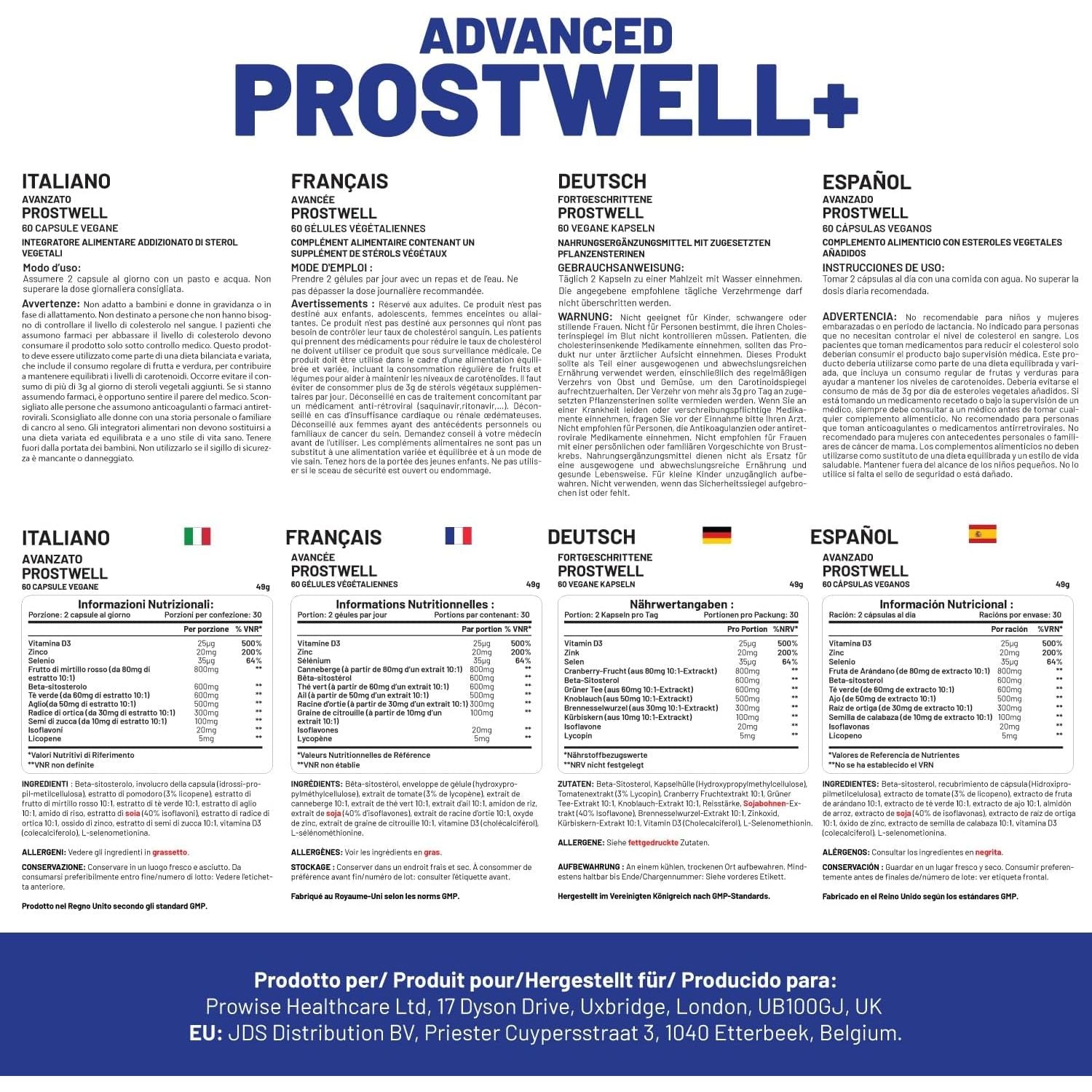 Advanced Prostwell plus 60 Vegan Capsules Added Beta Sitosterol, Pumpkin Seed, Nettle Root, Lycopene and 7 Other Ingredients - Prostate Supplements for Men - Men Health Supplements by Prowise