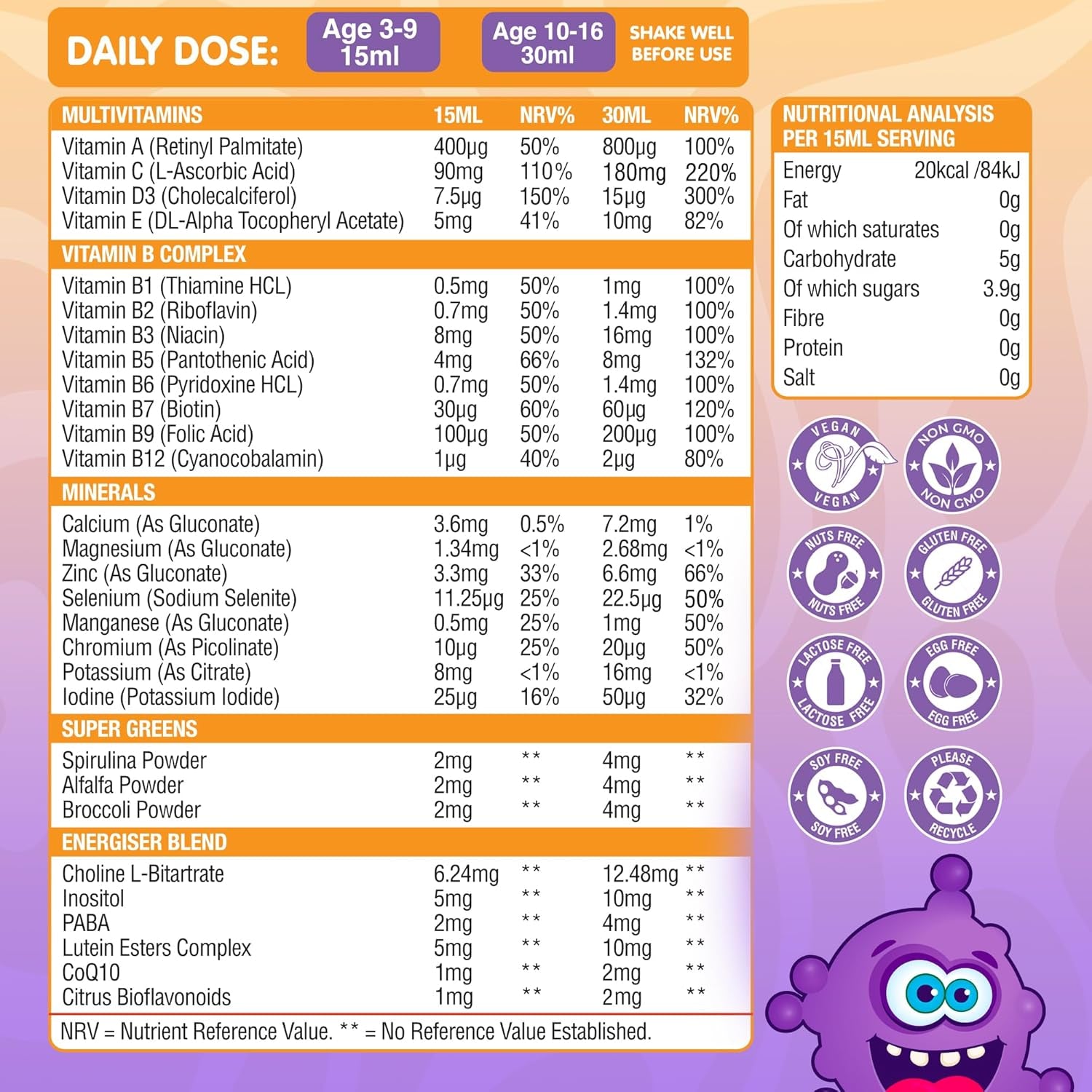 Gene Blast Active Kids Liquid Multivitamin Supplement, Minerals, and Super Greens for Children Aged 3-16 | 29 Essential Nutrients | Child Vitamins, Body Energiser Health, Growth & Development – 500Ml