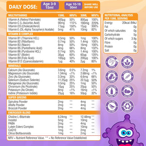 Gene Blast Active Kids Liquid Multivitamin Supplement, Minerals, and Super Greens for Children Aged 3-16 | 29 Essential Nutrients | Child Vitamins, Body Energiser Health, Growth & Development – 500Ml