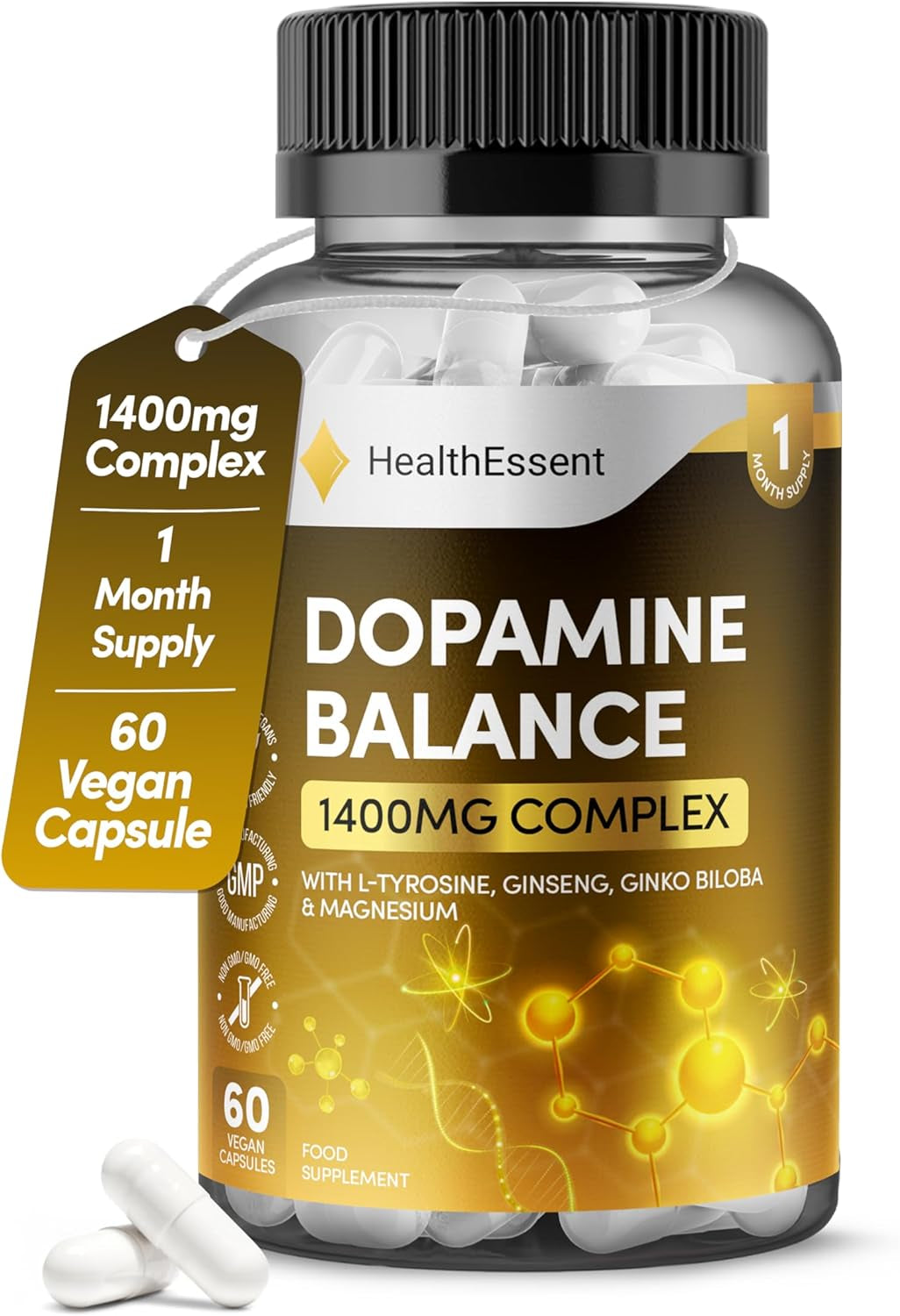 Dopamine Supplements, Balance Dopamine Levels 1400Mg Potent Complex, L Tyrosine with Added Panax Ginseng, L-Theanine, Ginkgo Biloba & Magnesium, Productivity Increase - 60 Vegan Capsules Healthessent