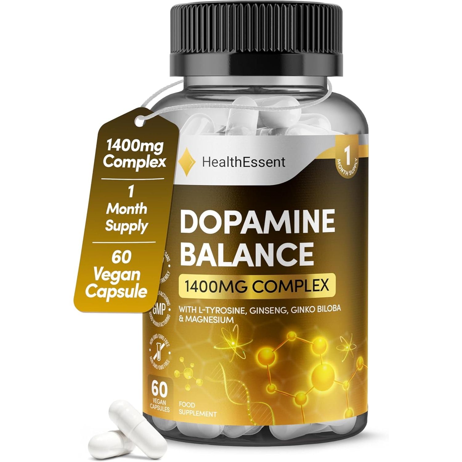 Dopamine Supplements, Balance Dopamine Levels 1400Mg Potent Complex, L Tyrosine with Added Panax Ginseng, L-Theanine, Ginkgo Biloba & Magnesium, Productivity Increase - 60 Vegan Capsules Healthessent