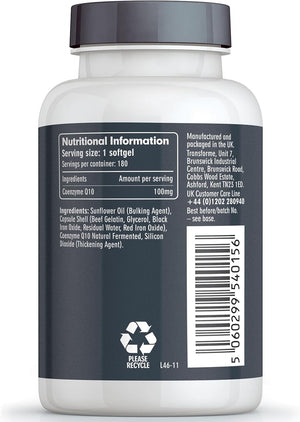 Transforme Coq10 100Mg 180 Capsules, High Absorption High Strength Coenzyme Q10 Liquid Softgels, 6 Months Supply, Naturally Fermented, UK Made
