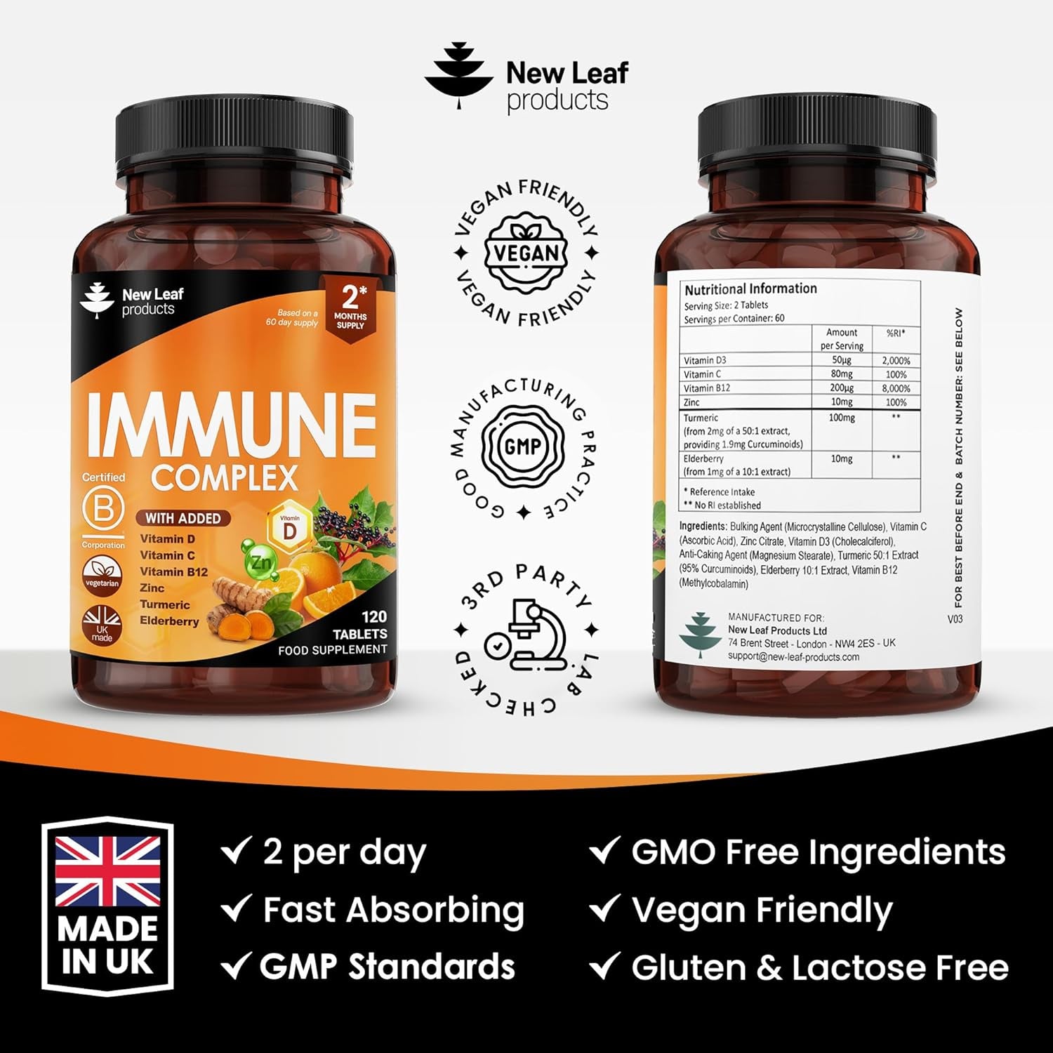 Vitamin D3 Immune Booster Complex - with Vitamins D,C, B12, Zinc, Turmeric & Elderberry - Immune Support - Made in the UK - Immunity Booster by New Leaf 120 Tablets