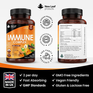 Vitamin D3 Immune Booster Complex - with Vitamins D,C, B12, Zinc, Turmeric & Elderberry - Immune Support - Made in the UK - Immunity Booster by New Leaf 120 Tablets