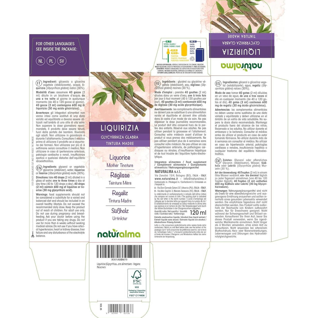 Liquorice or Licorice (Glycyrrhiza Glabra) Roots Alcohol-Free Mother Tincture Naturalma - Liquid Extract Drops 120 Ml - Food Supplement - Vegan