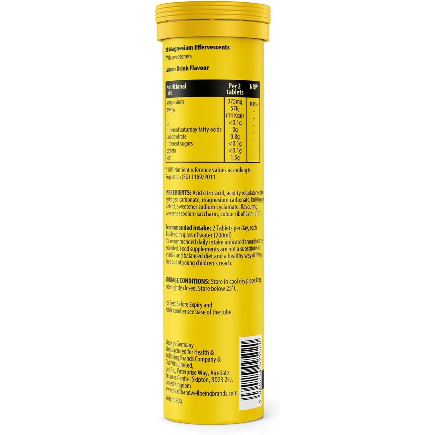 Magnesium Lemon Flavour Effervescent Tablets -120 Tablets for Normal Muscle Functions, Suitable for Vegans and Vegetarians, Magnesium 375 Mg per Serving