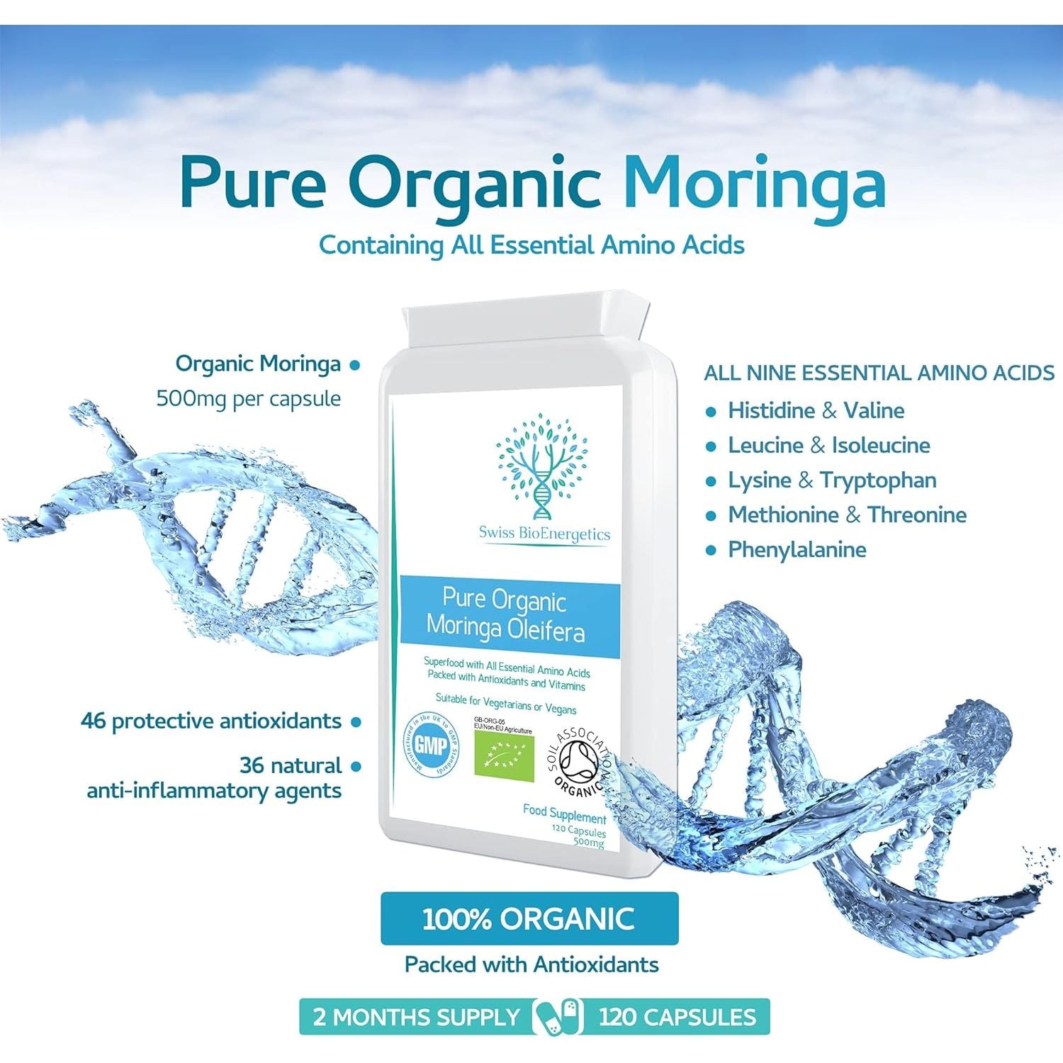 Pure Organic Moringa Oleifera 500Mg 120 Capsules - No Fillers or Flowing Agents - 100% Natural Soil Association Certified High Strength Superfood with All Essential Amino Acids