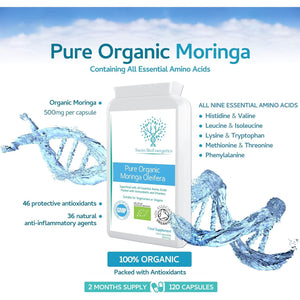 Pure Organic Moringa Oleifera 500Mg 120 Capsules - No Fillers or Flowing Agents - 100% Natural Soil Association Certified High Strength Superfood with All Essential Amino Acids