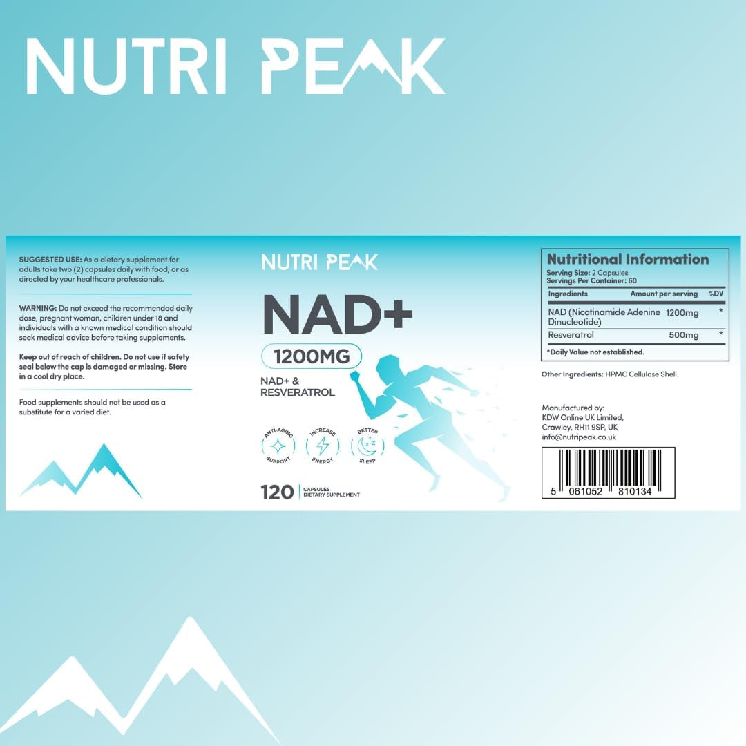 Max Strength NAD+ Supplement | 1200MG | 120 Capsules | Increase NAD Levels | Enhance anti Aging Effects | Increase Energy Levels | Improve Sleep Quality | Vegan & Gluten Free