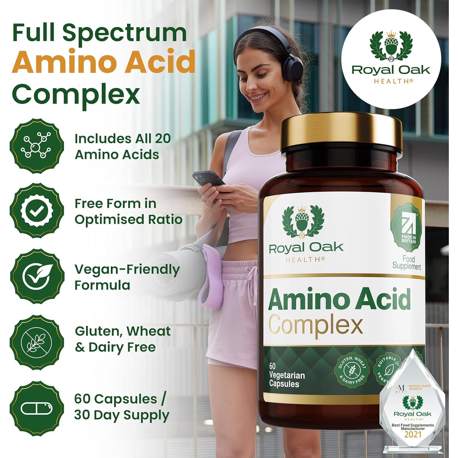 Royal Oak Health Full Spectrum Amino Acid Complex | Complete with All 20 EAA & Bcaas in Free Form for Instant Digestion | Essential & Branch Chain Amino Acids Supplement | 60 Vegan Capsules | UK Made