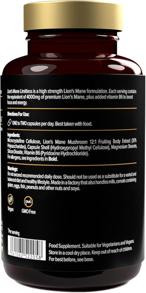 Lion'S Mane Limitless | 4000Mg per Serving | Supports Mental Performance & Energy | 12:1 Extract | 60 Capsules - Protein Works